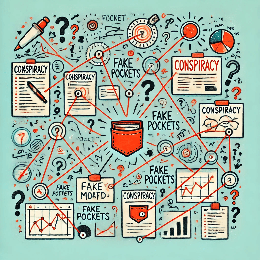 Illustration of jeans with fake pockets and escaping snacks