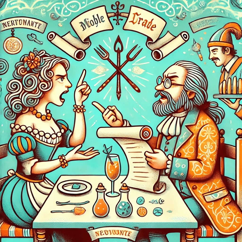 Medieval-style trade negotiation doodle over a restaurant menu