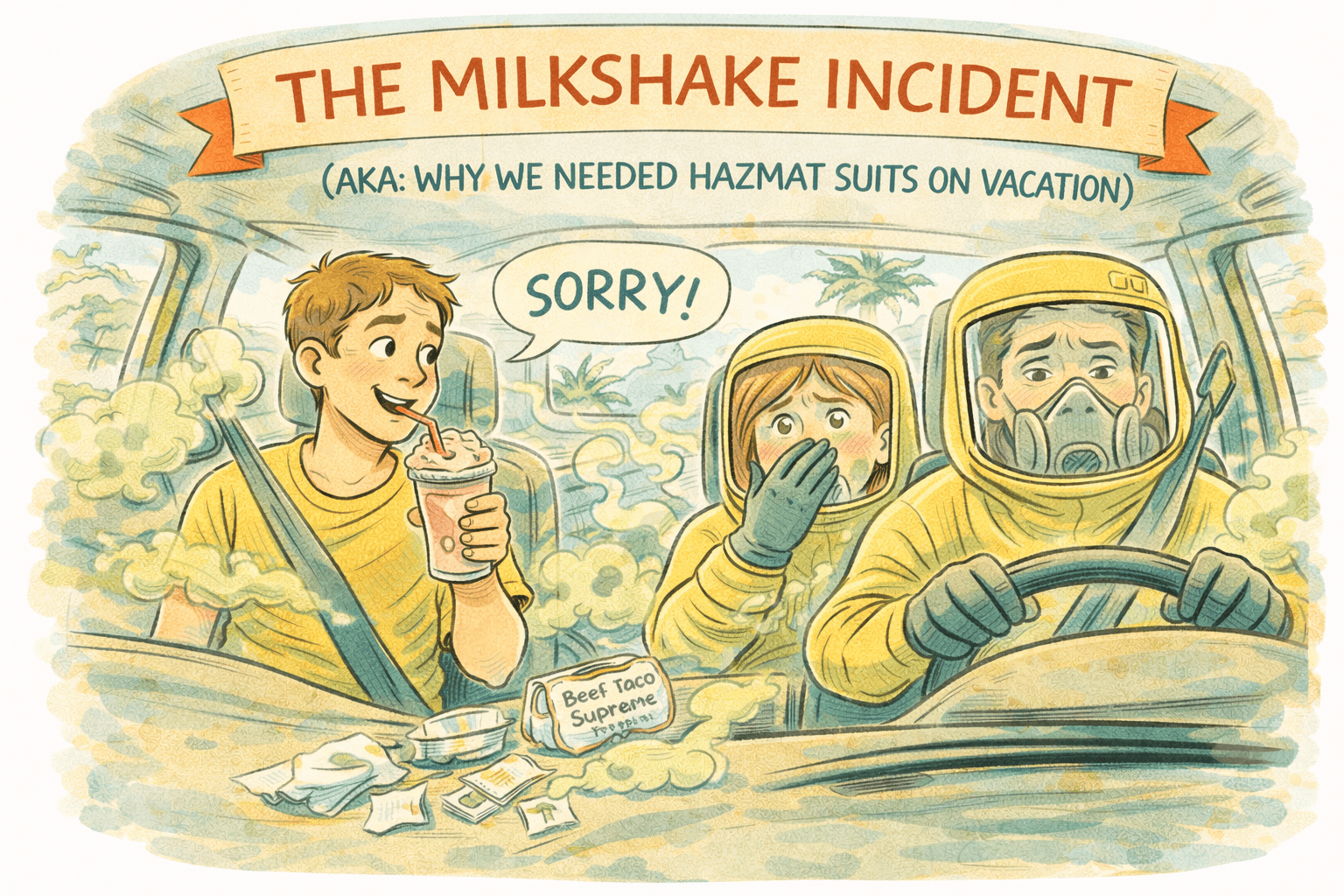 Vacation car ride with a suspicious milkshake vibe