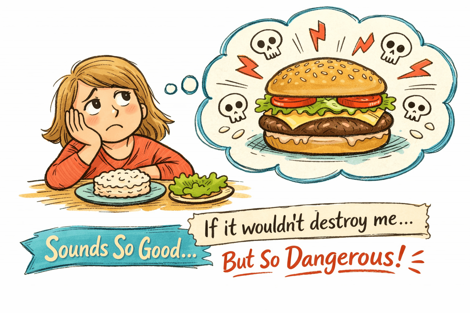 Foods I mourn—illustrated collage of comfort foods I can’t eat