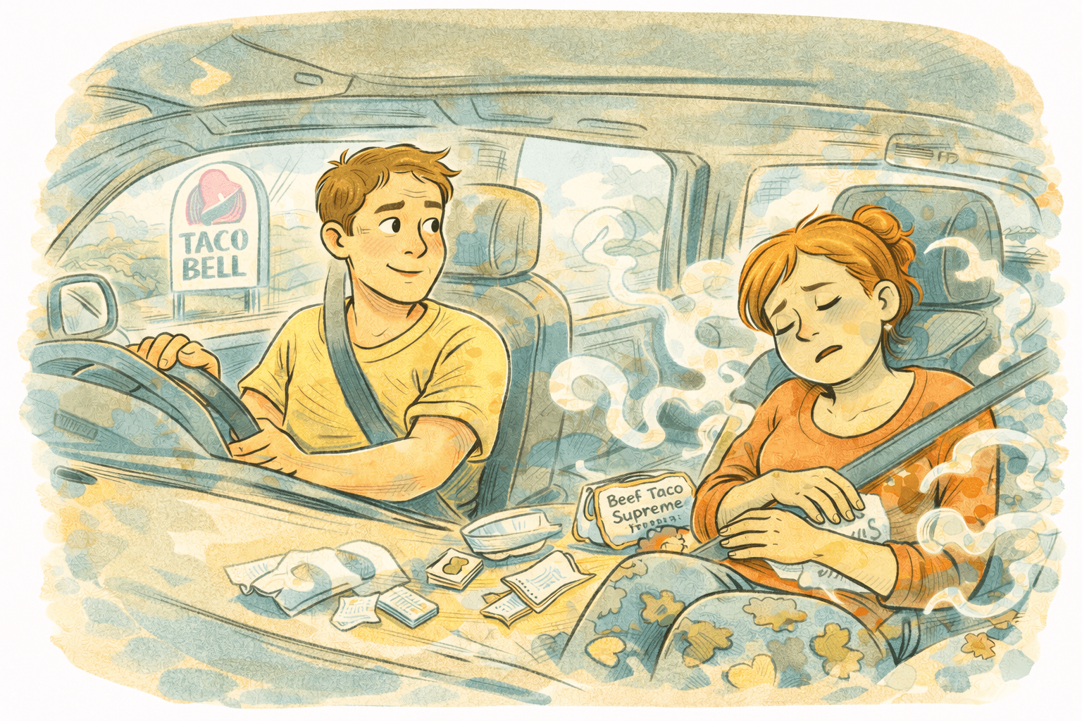 Road trip stop with a regrettable fast-food order