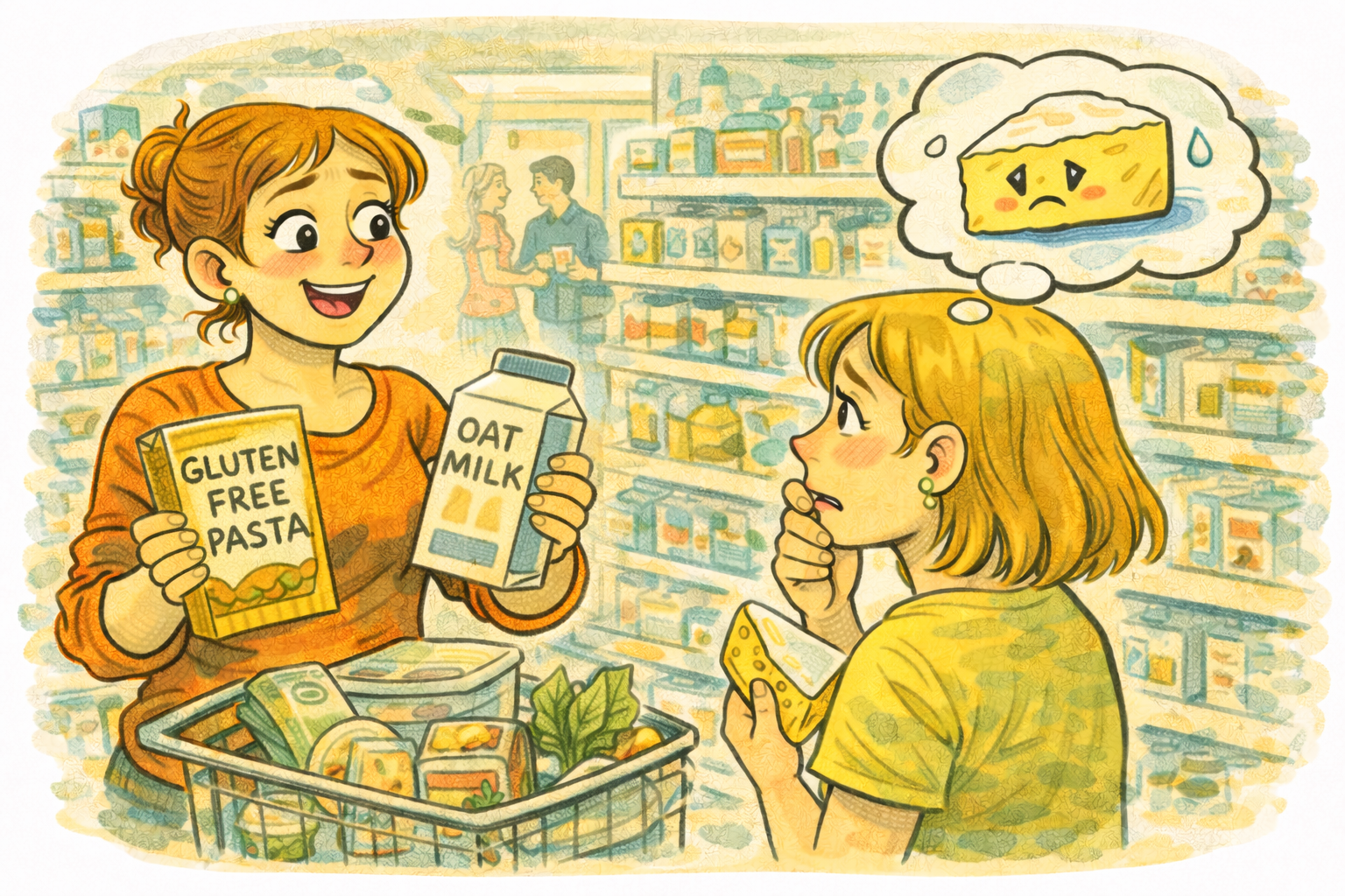 Person holding cheese while eyeing a restricted eater’s plate